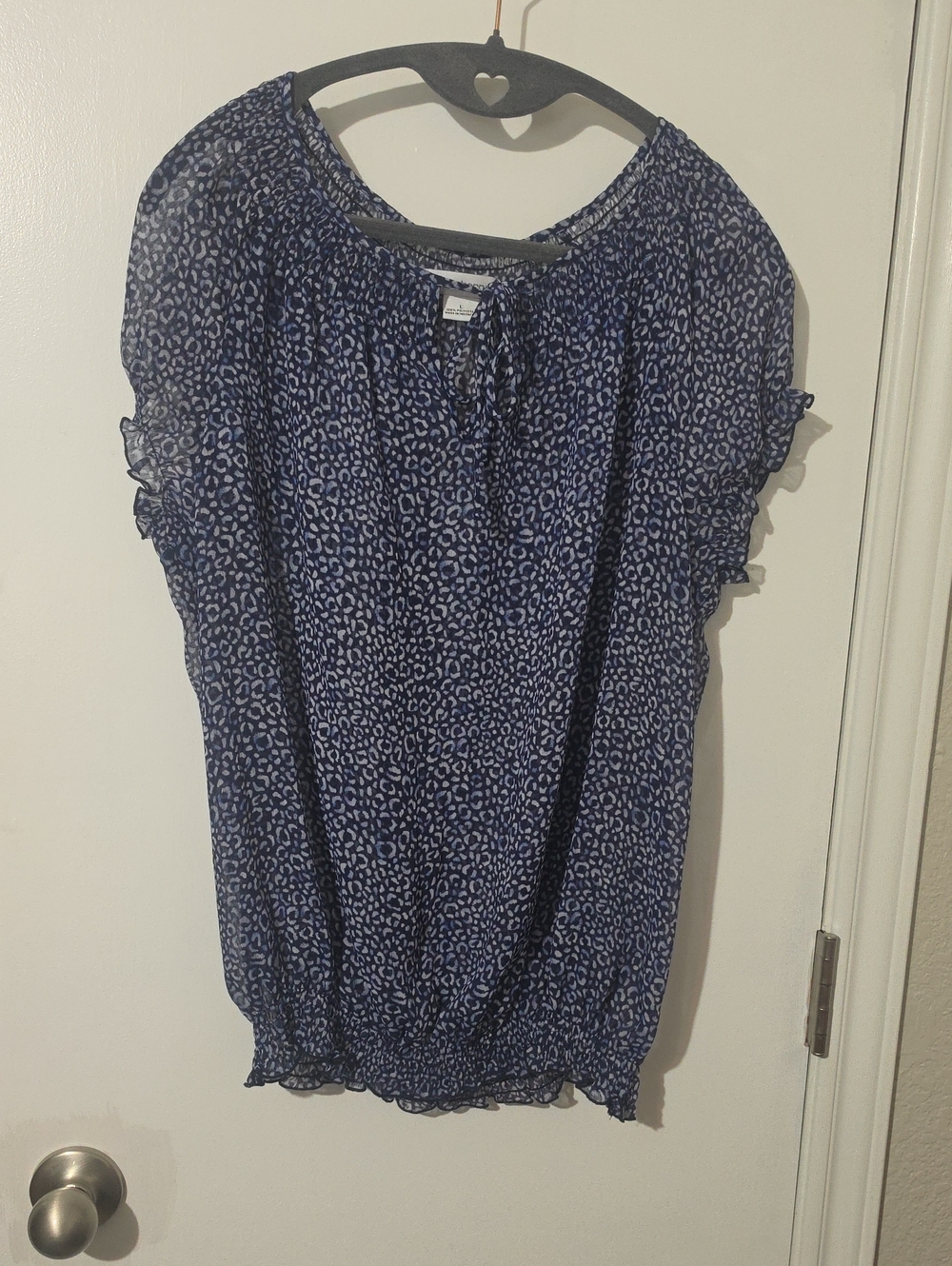 Liz Claiborne Navy Leopard-Print Short Sleeve Blouse